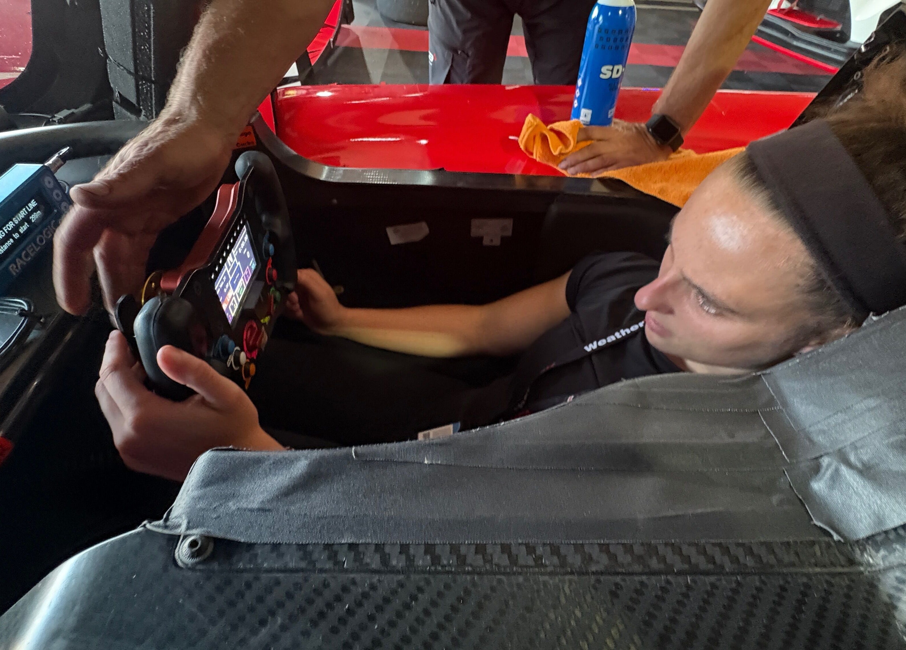Driver using a complex steering module at Strides Performance, Stamford, Connecticut, US.