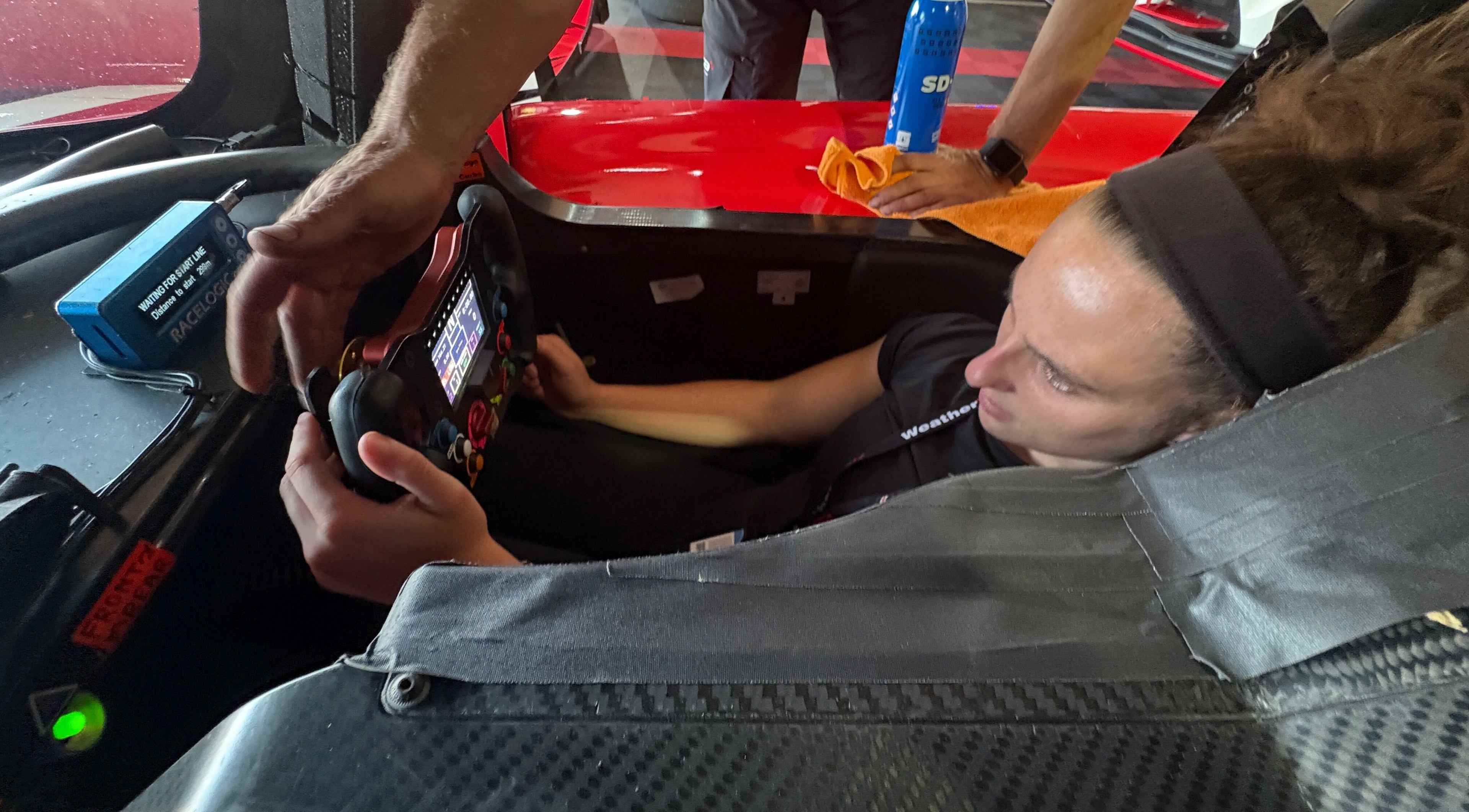 Driver using a complex steering module at Strides Performance, Stamford, Connecticut, US.