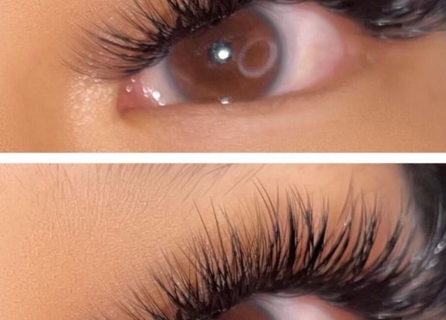 Close-up of expertly done eyelash extensions at Prettyynlashesss in Torrance, California, US.