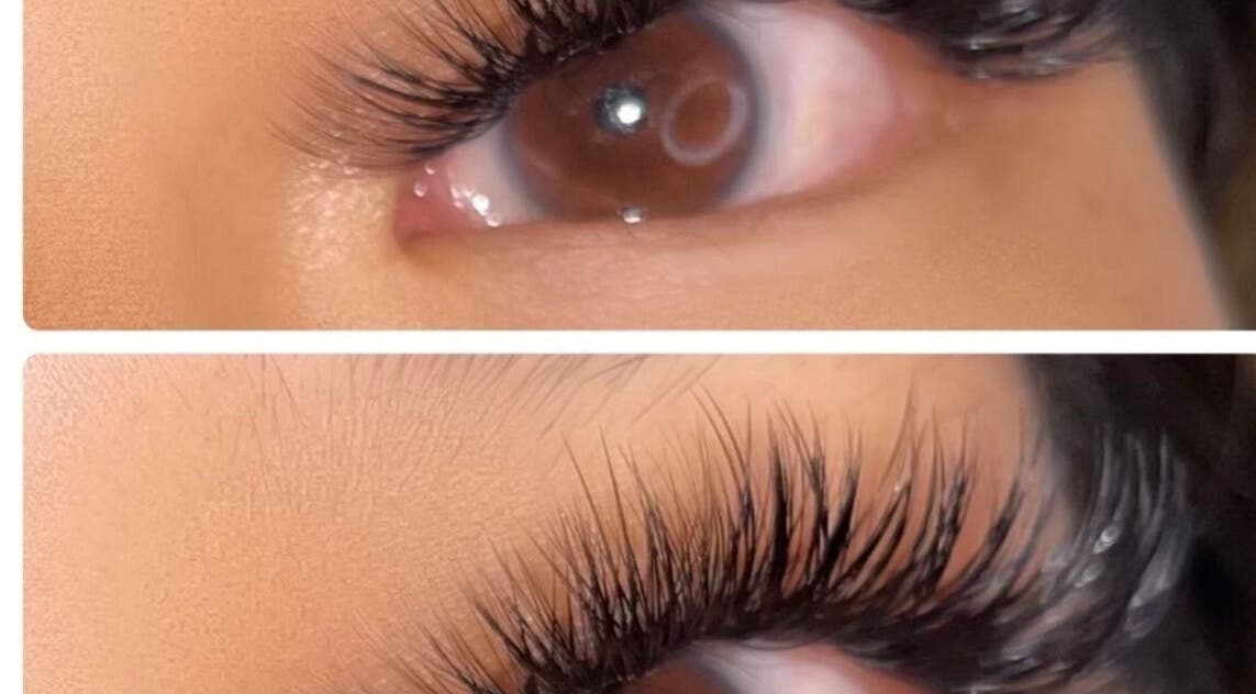 Close-up of expertly done eyelash extensions at Prettyynlashesss in Torrance, California, US.