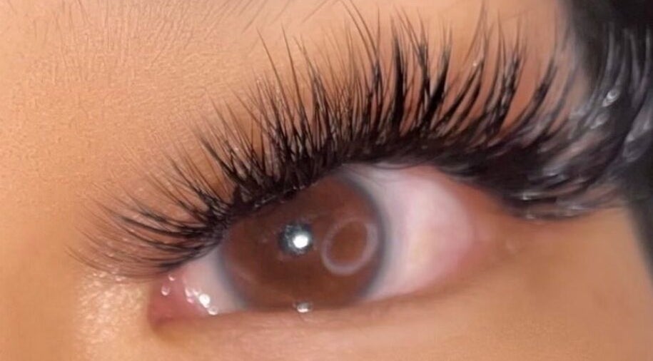 Close-up of beautifully applied eyelashes at Prettyynlashesss, Torrance, California, US.