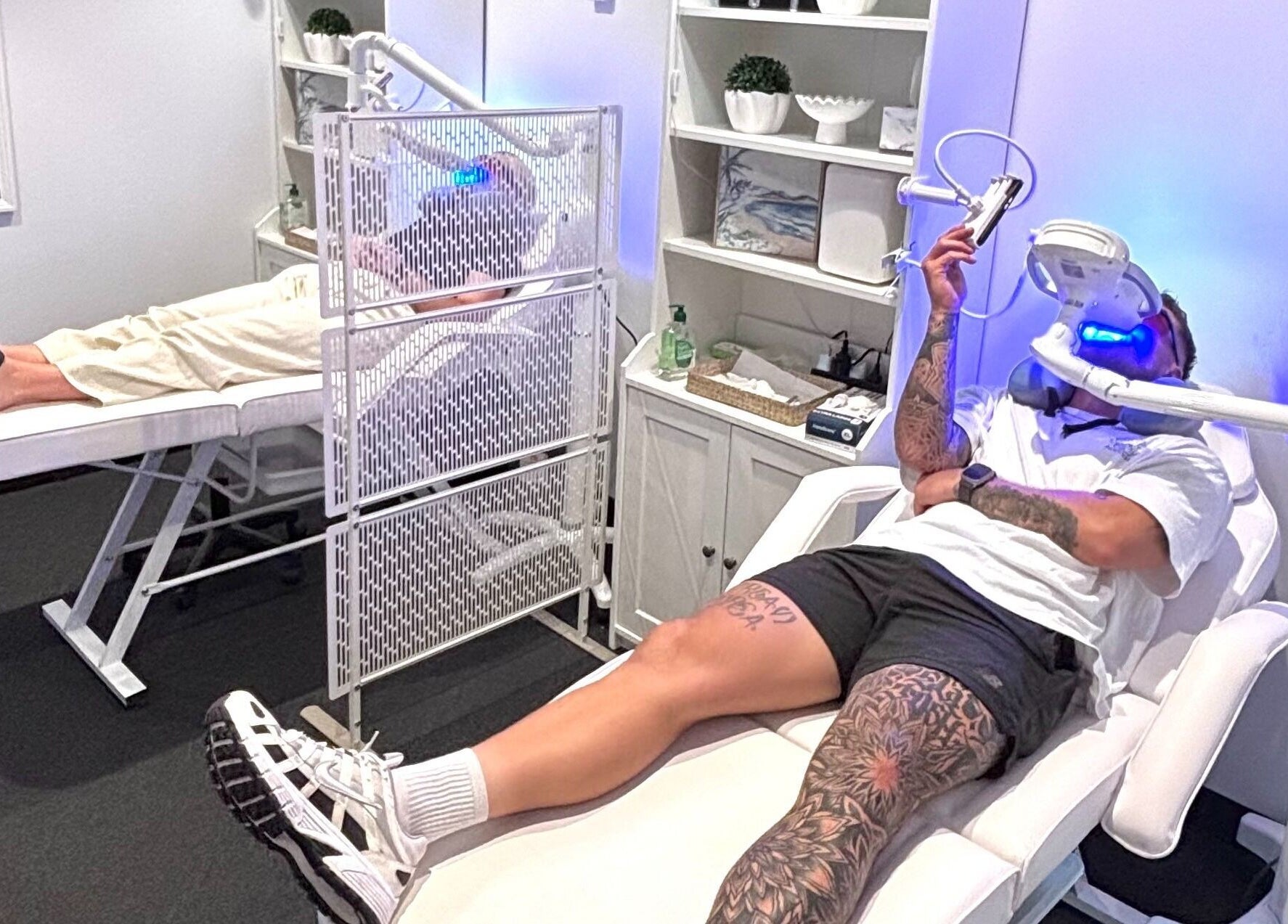 Guests enjoying teeth whitening at White and Bright Teeth Whitening Studio, Brisbane City, Queensland, AU.