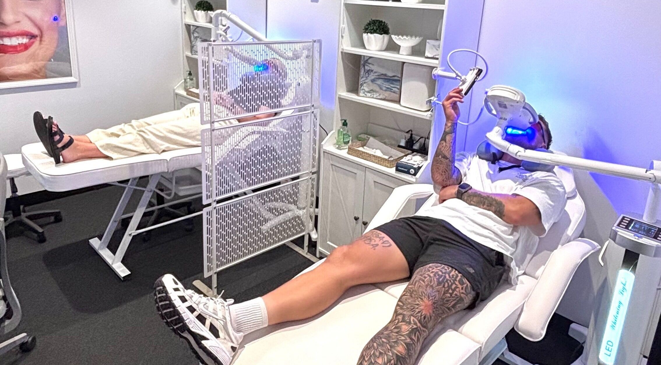 Guests enjoying teeth whitening at White and Bright Teeth Whitening Studio, Brisbane City, Queensland, AU.