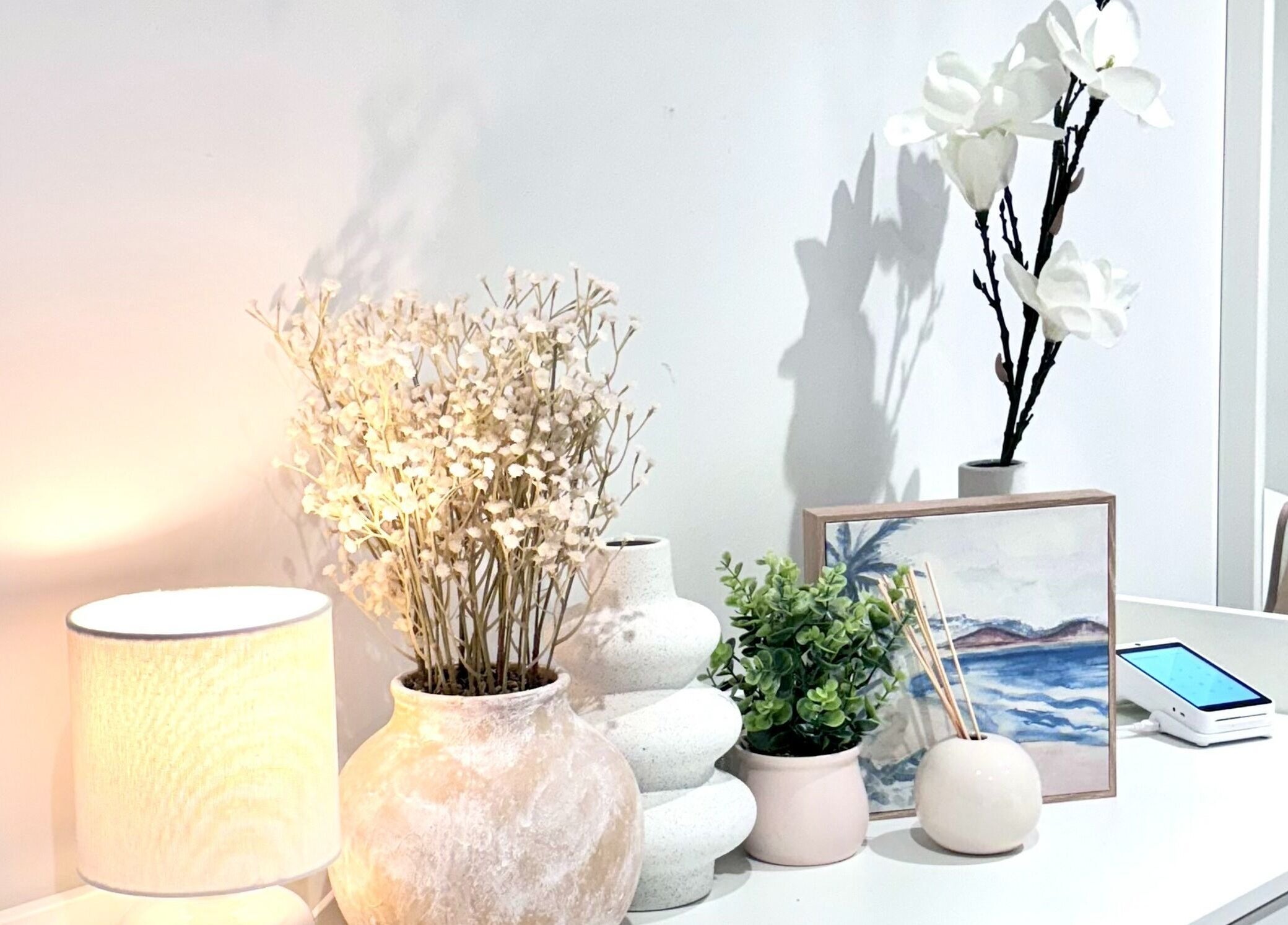 Serene decor at White and Bright Teeth Whitening Studio, Brisbane City, Queensland, AU, featuring floral accents.