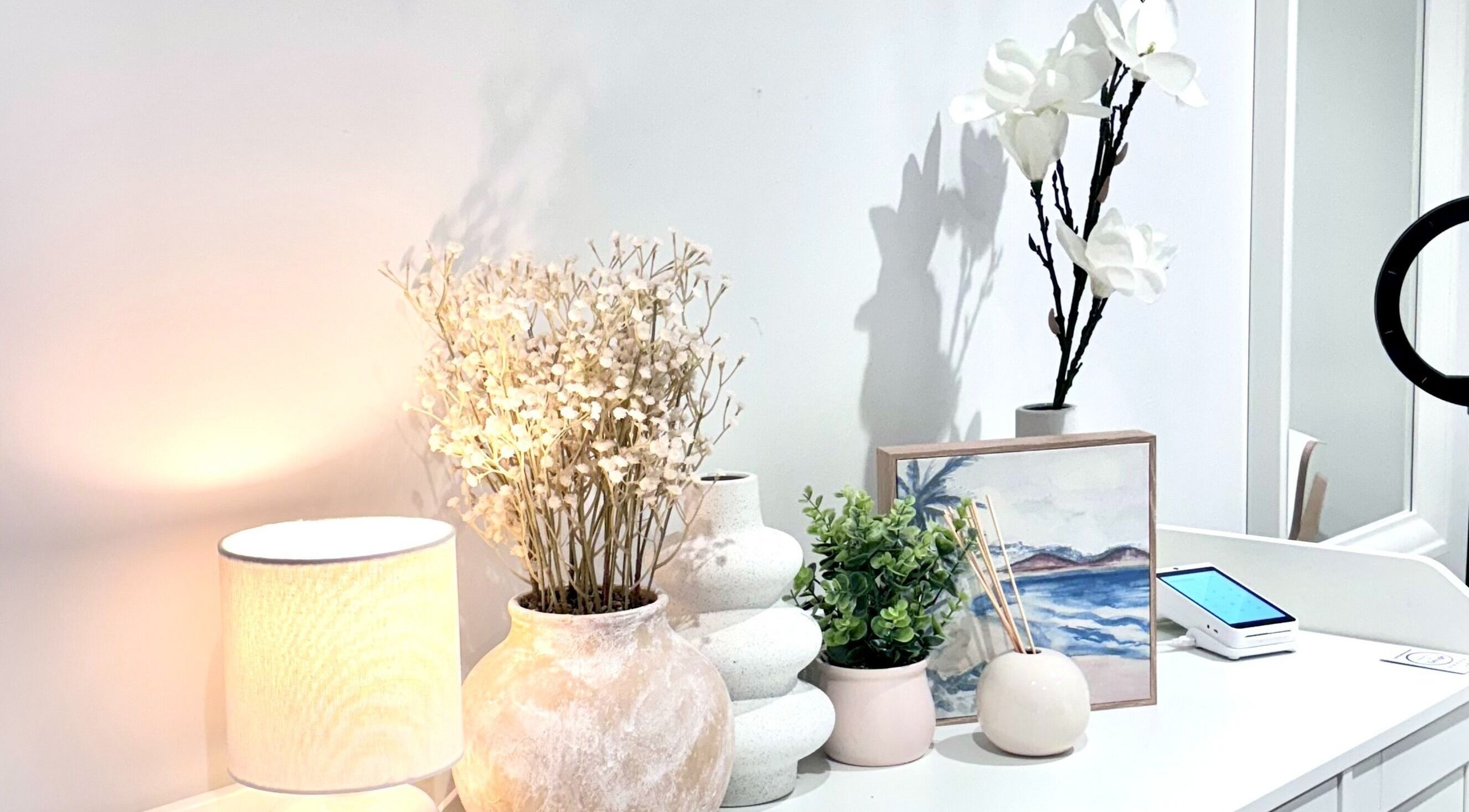 Serene decor at White and Bright Teeth Whitening Studio, Brisbane City, Queensland, AU, featuring floral accents.