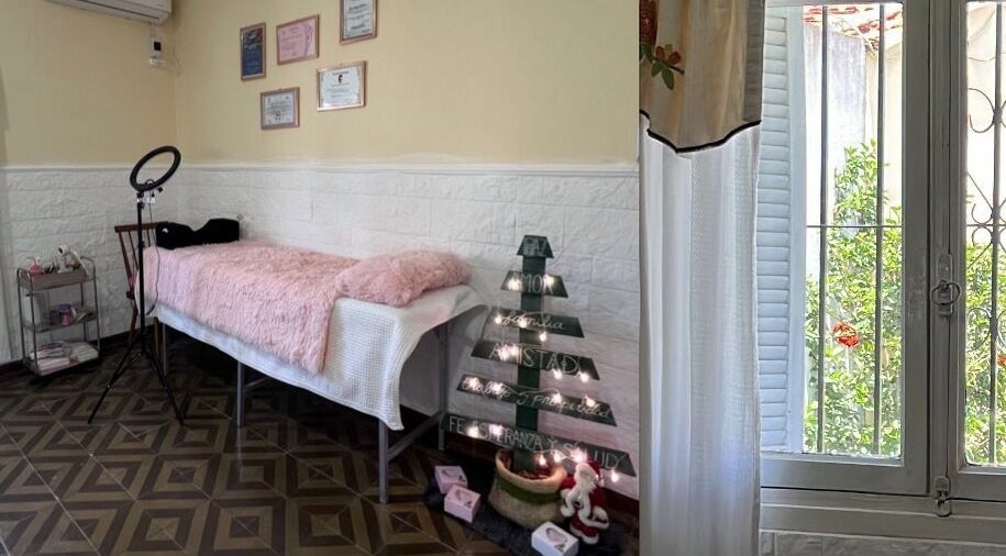 Espacio acogedor en Nails by Guada, Villa Vatteone, con cama de estética y ventana iluminada.