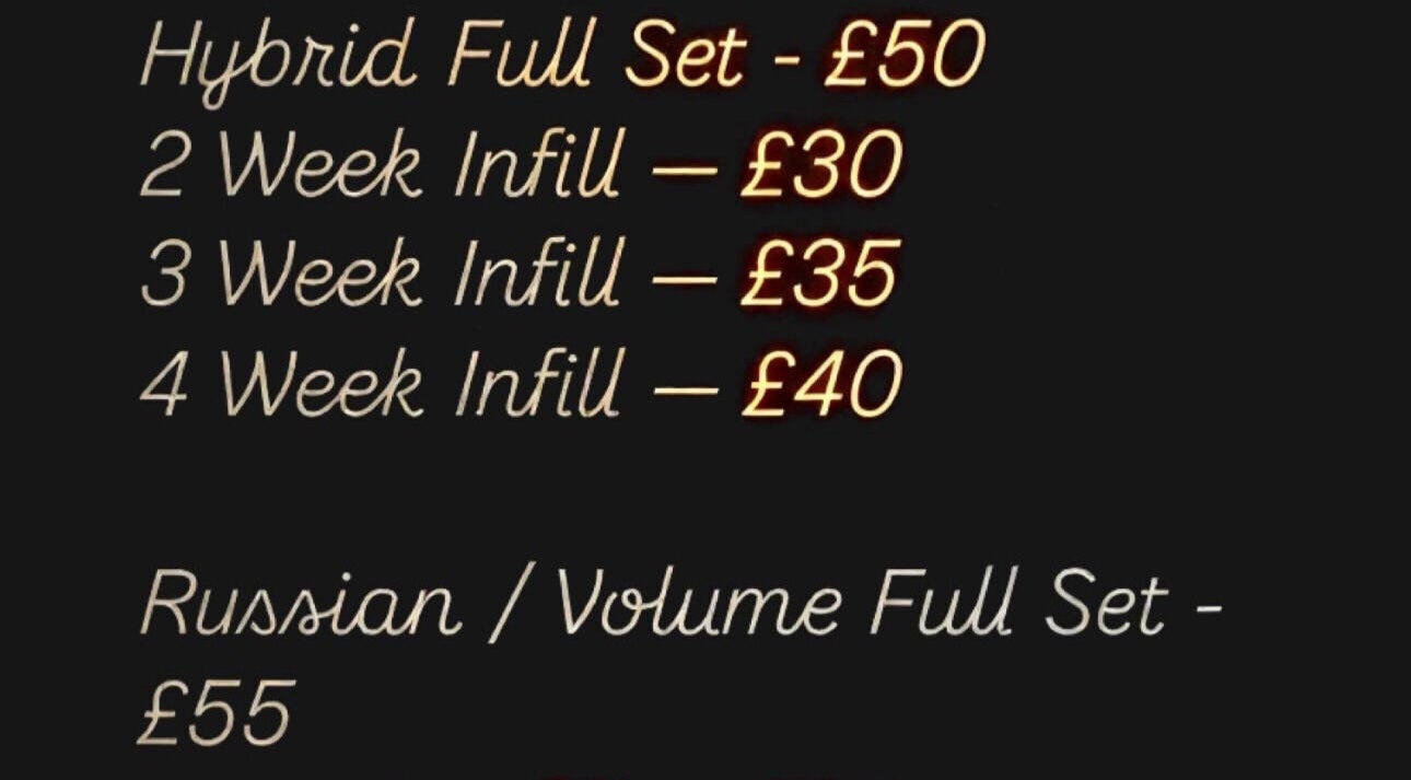 Price list for lash services at Refined Lashes, Crawley, England, GB.