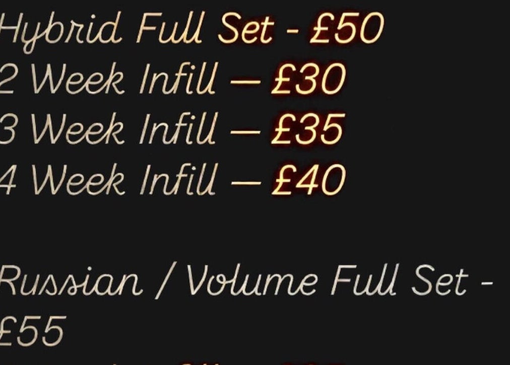 Pricing of lash services at Refined Beauty, Crawley, England, GB, including hybrid and Russian sets.