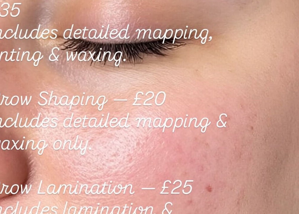 Close-up of eyebrow services pricing at Refined Beauty, Crawley, England, GB with detailed mapping and waxing.