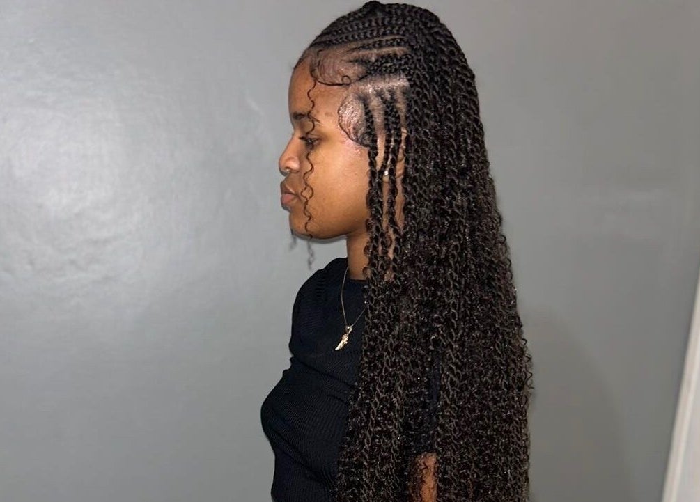 Intricate braided hairstyle at JR Stylez, Montego Bay, St. James Parish, JM.