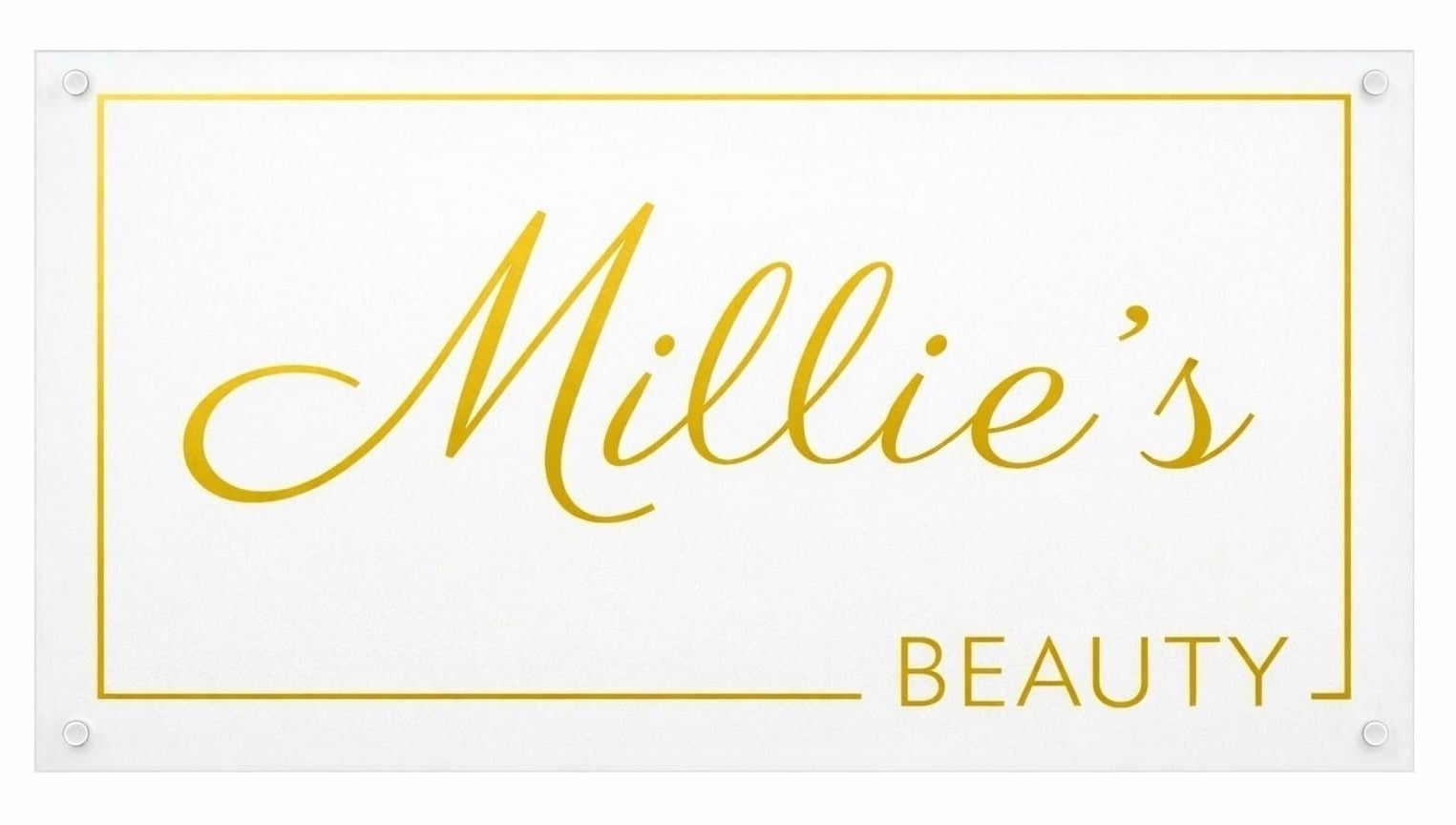Millie’s beauty logo sign at Uplands, Wales, GB, showcasing elegant fonts and golden hues.