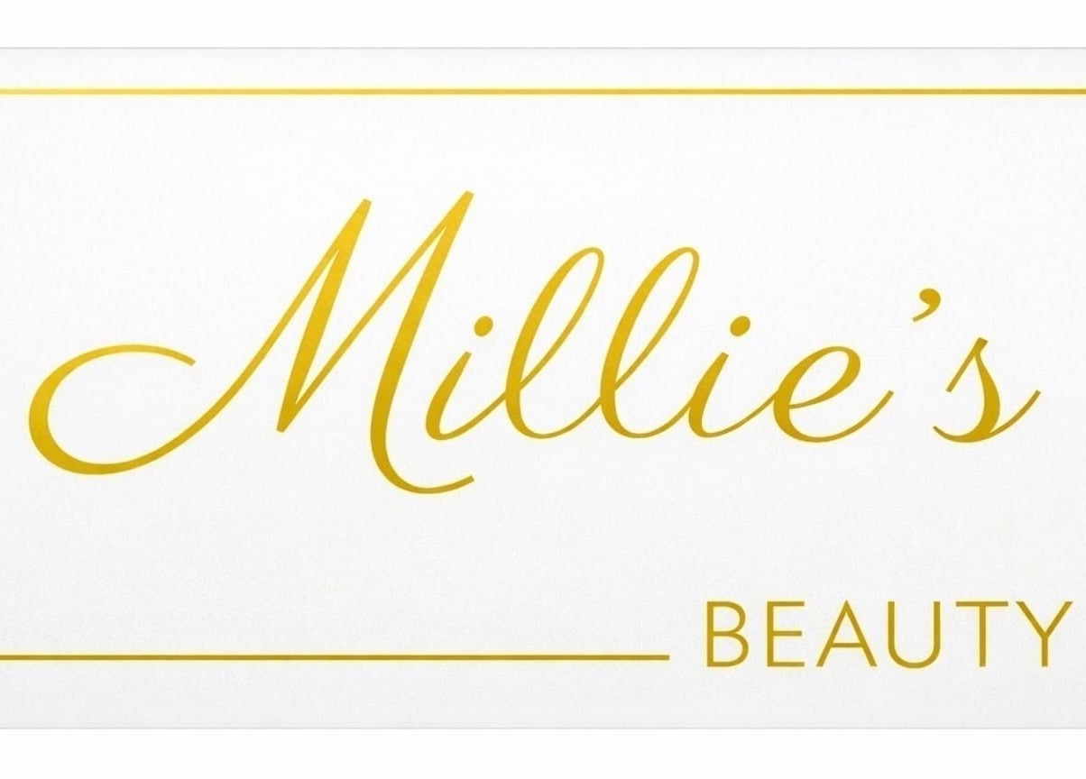Millie’s Beauty logo in gold on white background, Uplands, Wales, GB.
