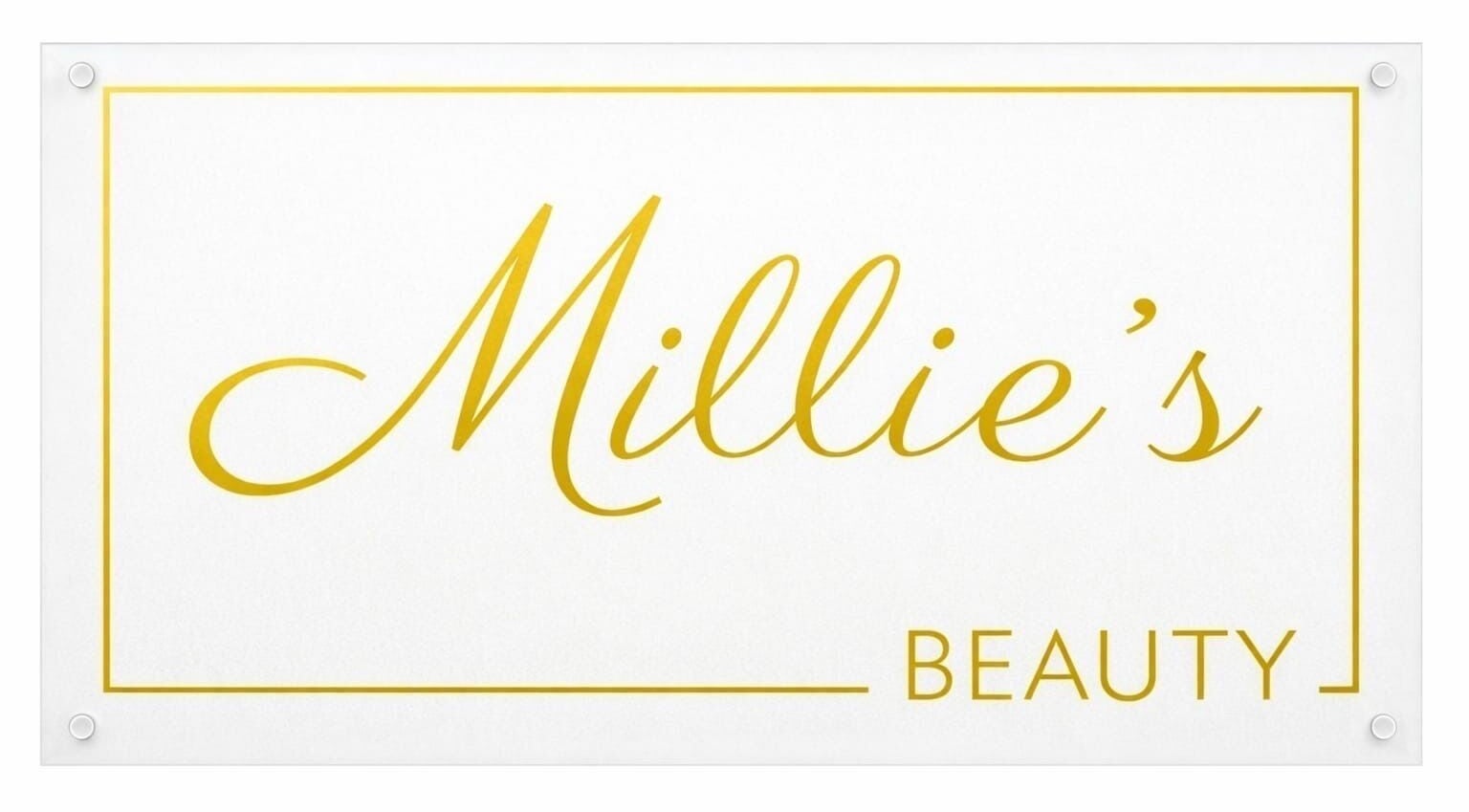 Millie’s Beauty logo in gold on white background, Uplands, Wales, GB.