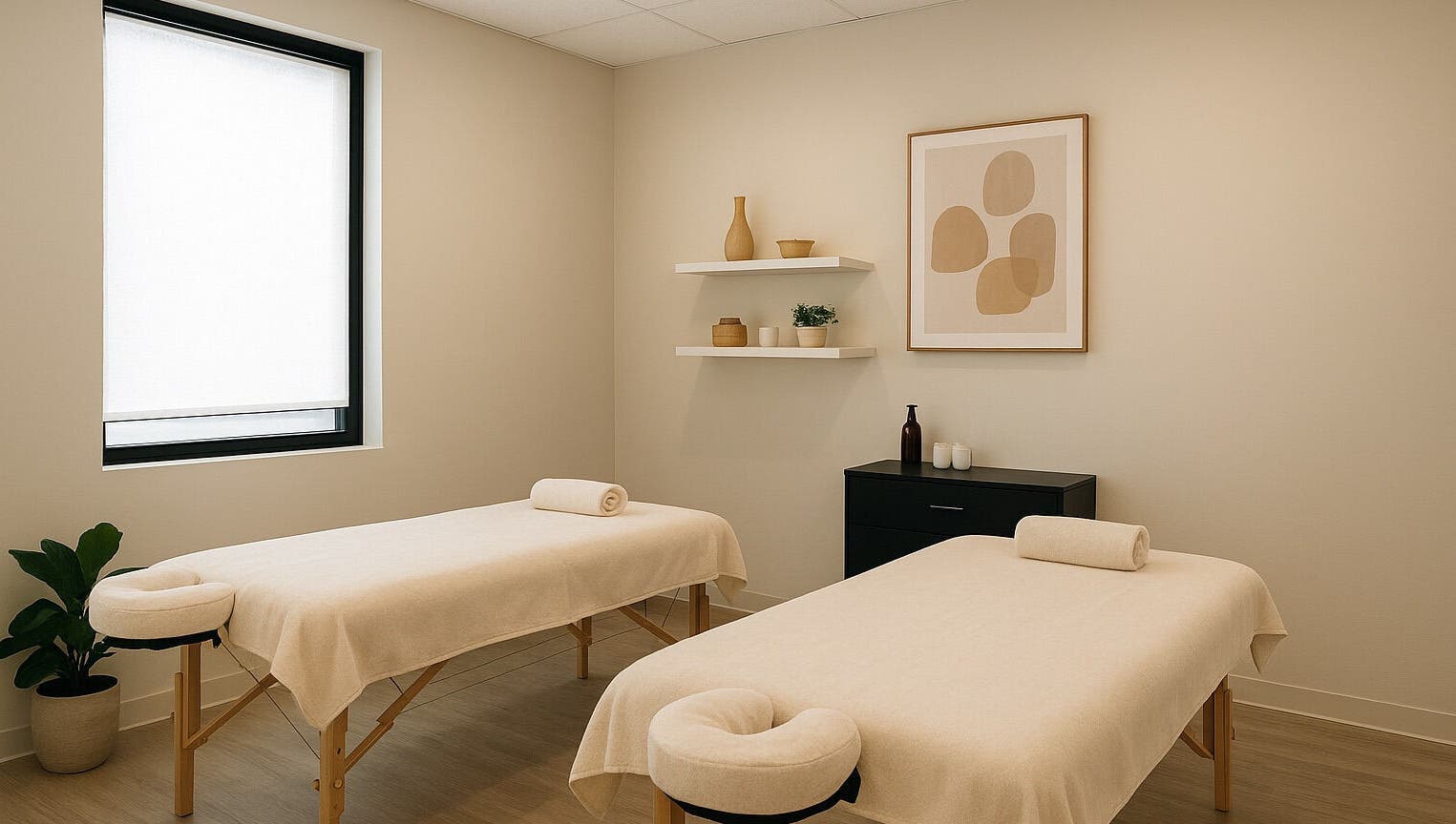 Serene massage room at Test, Berlin, Berlin, DE with two beds, soft lighting, and minimalist decor.