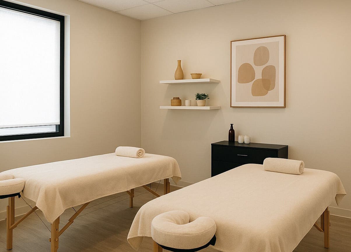 Serene massage room at Test, Berlin, Berlin, DE with two beds, soft lighting, and minimalist decor.