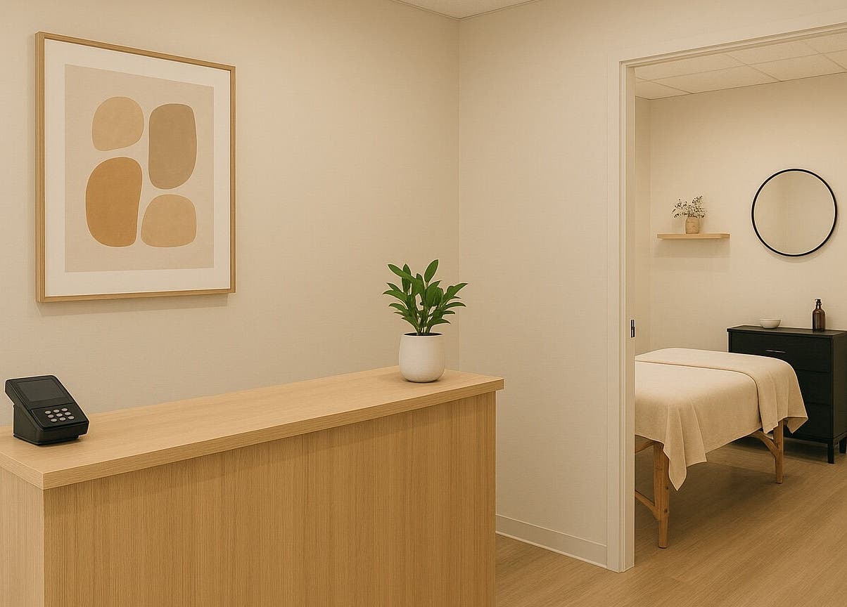 Reception and treatment room at Test in Berlin, Berlin, DE, featuring calming decor and natural accents.