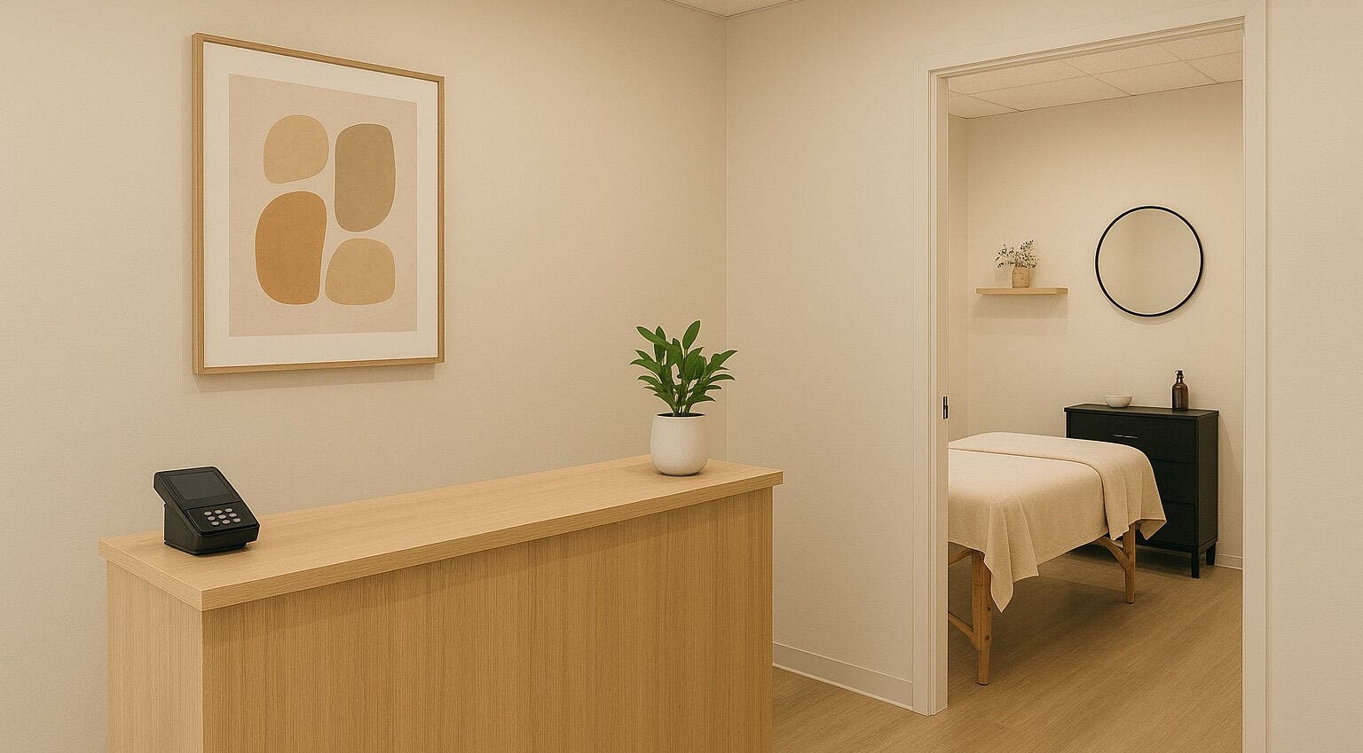 Reception and treatment room at Test in Berlin, Berlin, DE, featuring calming decor and natural accents.