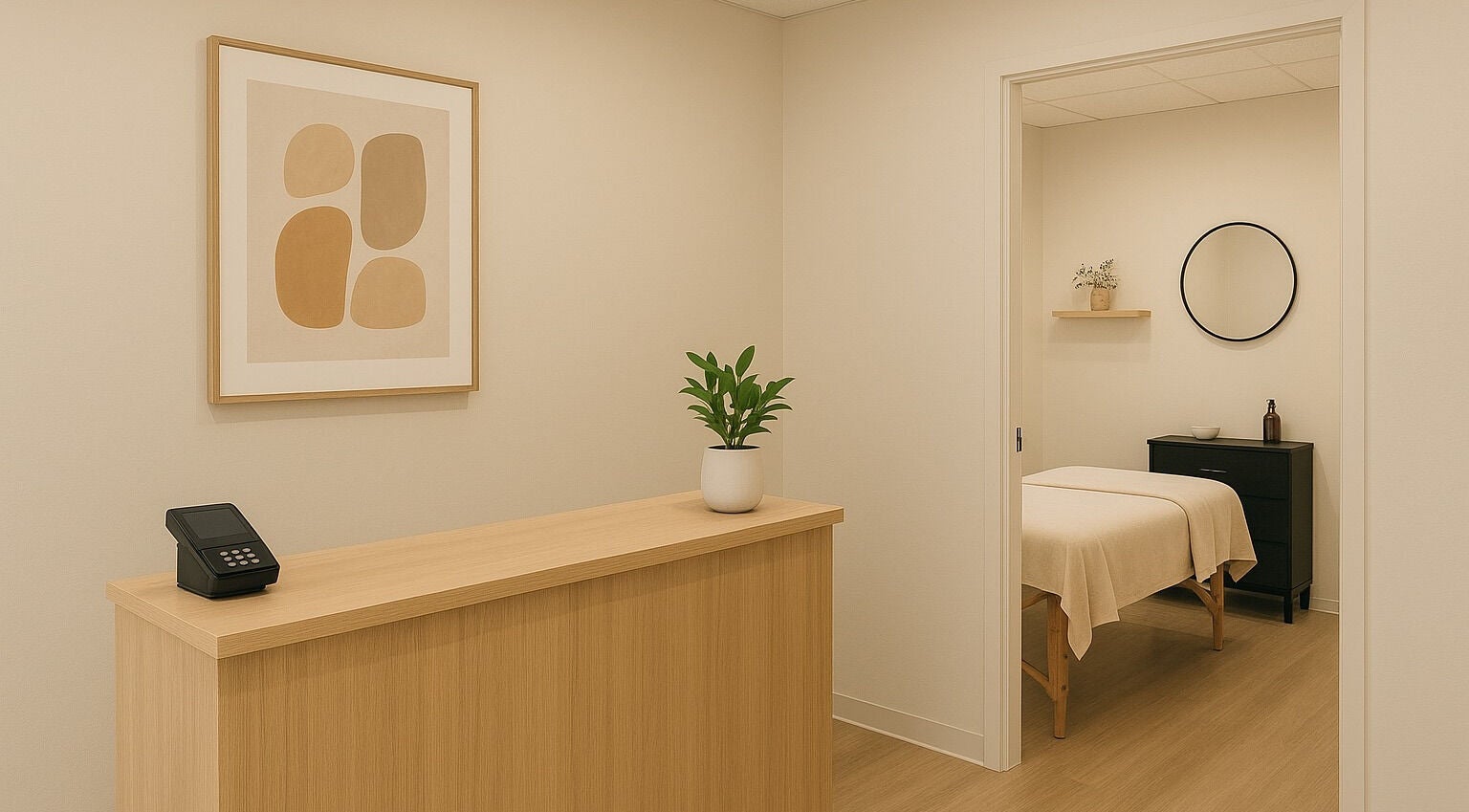 Reception and treatment room at Test in Berlin, Berlin, DE, featuring calming decor and natural accents.