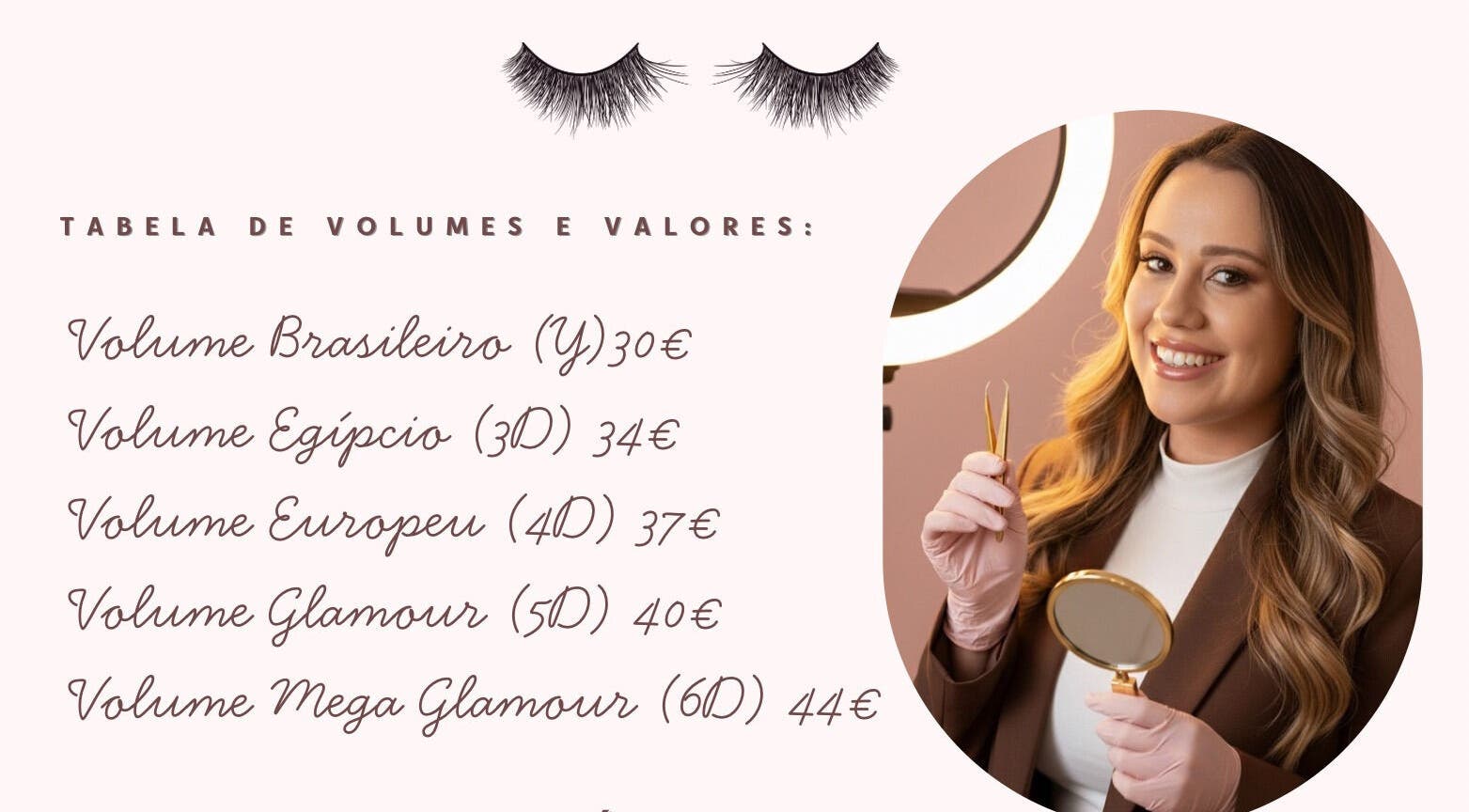 Profissional sorridente no Malu Aires Lash, Vila Nova De Gaia, Porto, com tabela de preços de extensões.