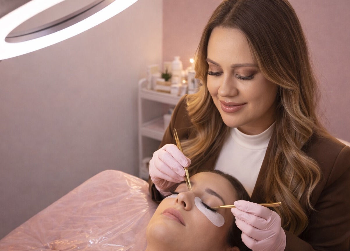 A profissional do Malu Aires Lash aplicando extensões de cílios em Vila Nova De Gaia, Porto, PT.