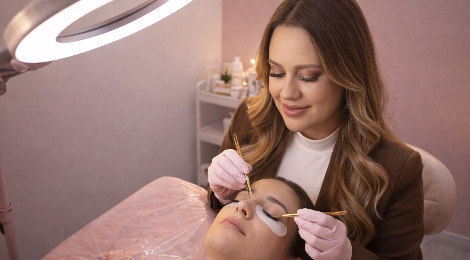 Profissional aplicando extensão de cílios no Malu Aires Lash, Vila Nova De Gaia, Porto, PT.