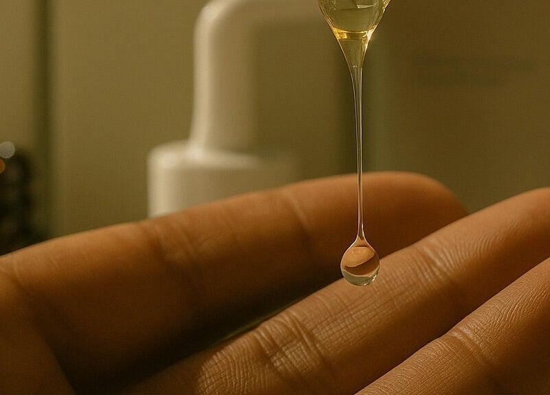Close-up of oil drop on hand at The Oiling Ritual, london, GB. Experience luxury wellness treatments.