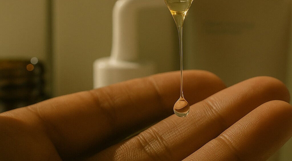 Close-up of oil drop on hand at The Oiling Ritual, london, GB. Experience luxury wellness treatments.