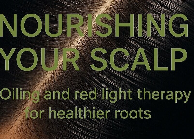 Promotional image for The Oiling Ritual in London, GB showcasing scalp oiling and red light therapy.