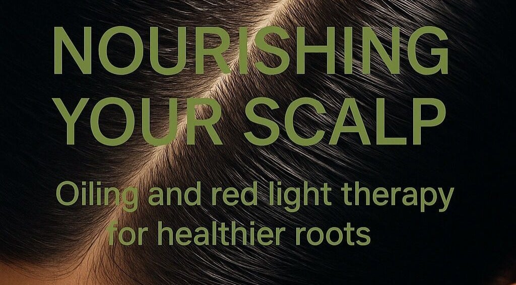 Promotional image for The Oiling Ritual in London, GB showcasing scalp oiling and red light therapy.