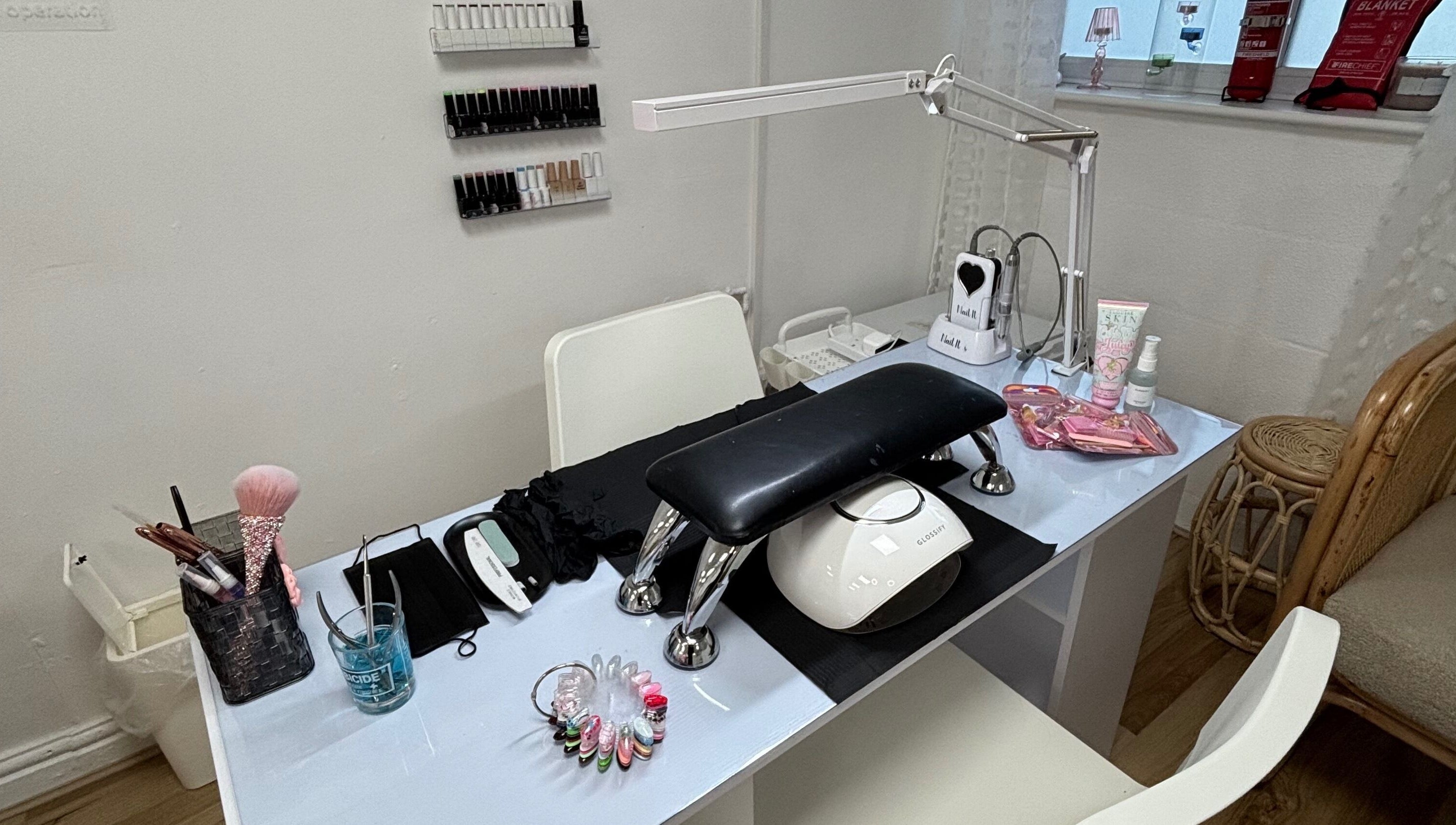 Elegant nail station at Ej beauty service in Prestwich, England, GB, showcasing manicure tools.