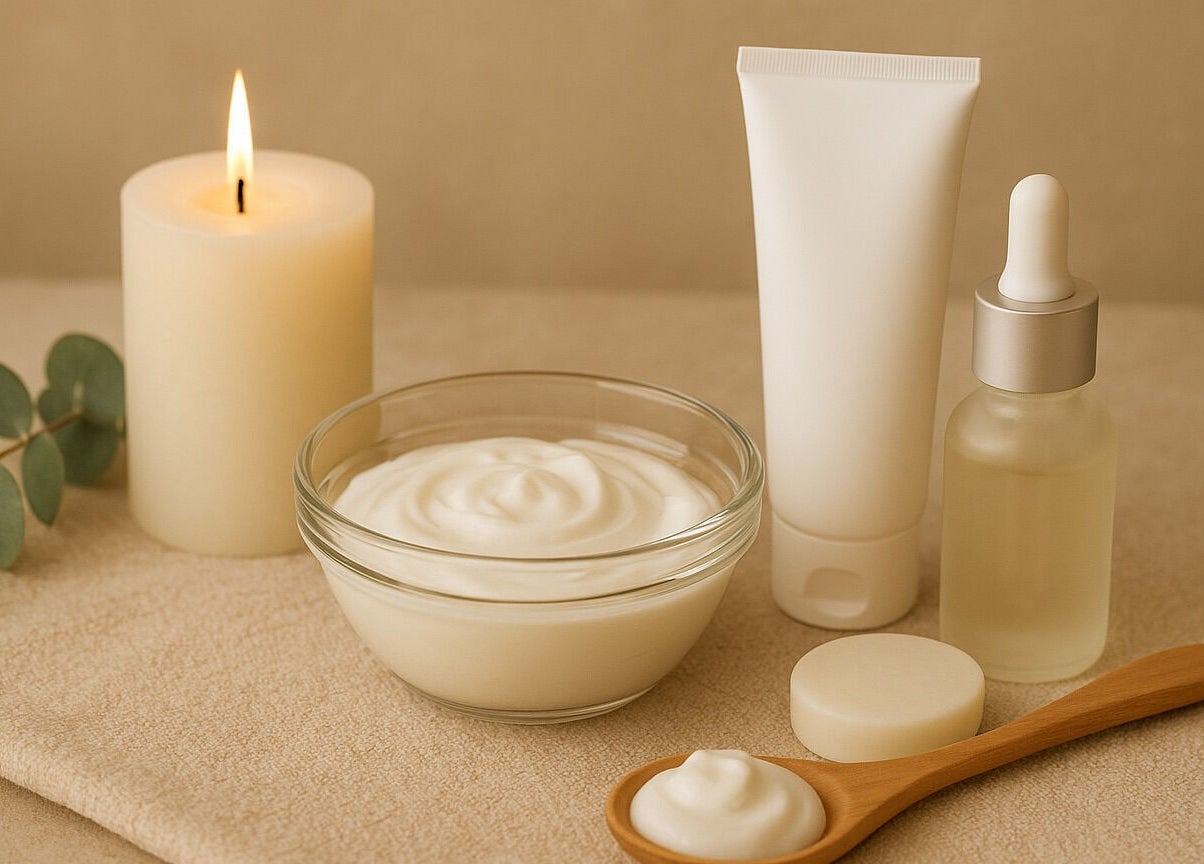 Camille Esthétiques & Soins, Rouyn-noranda, Québec, CA displays calming skincare products on a towel.