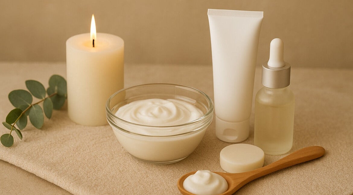 Produits de soin au Camille Esthétiques & Soins, Rouyn-noranda, Québec, CA. Bougie et crèmes sur serviette.