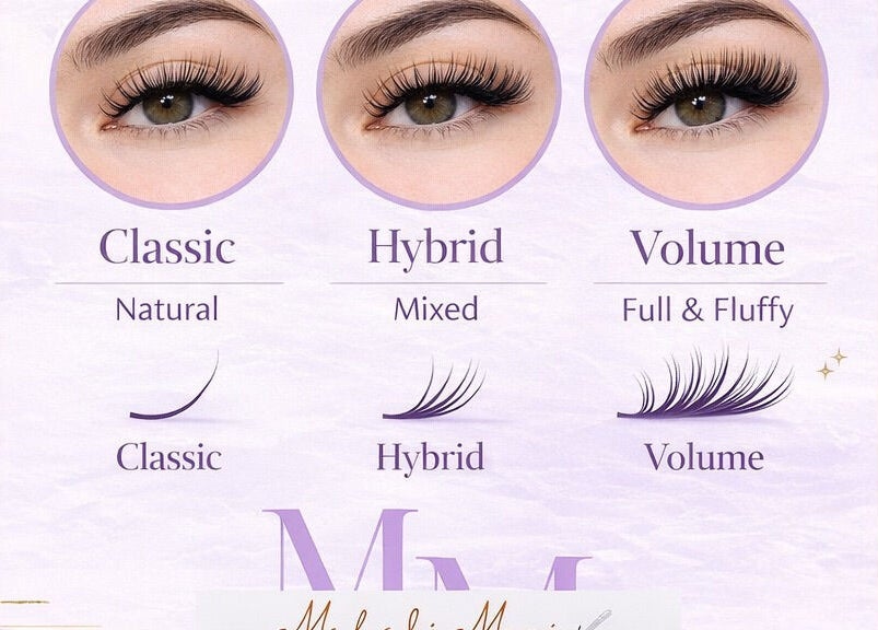 Eyelash extension styles at Mahali Mooi, Portmore, St. Catherine Parish, JM: Classic, Hybrid, and Volume.