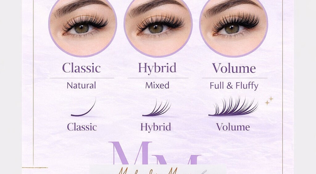 Eyelash extension styles at Mahali Mooi, Portmore, St. Catherine Parish, JM: Classic, Hybrid, and Volume.