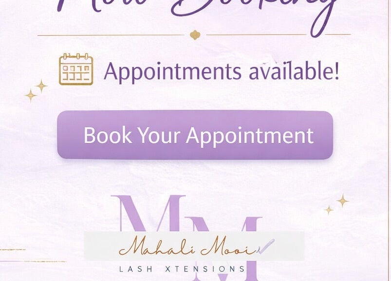 Book appointment at Mahali Mooi, Portmore, St. Catherine Parish, JM. Purple and gold invitation card.