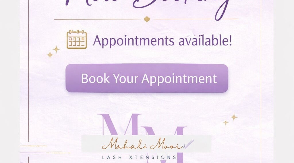 Book appointment at Mahali Mooi, Portmore, St. Catherine Parish, JM. Purple and gold invitation card.