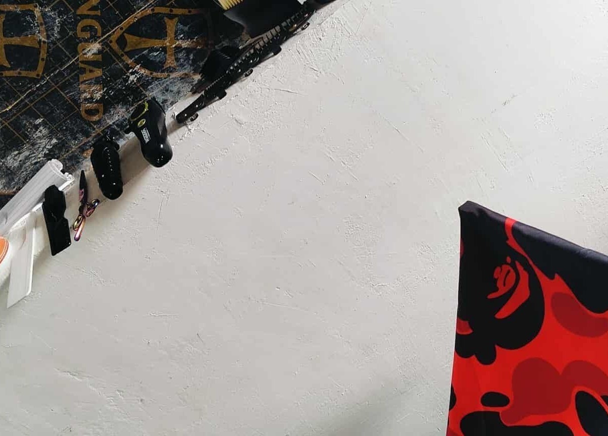 Barber tools and red patterned chair at BARBERJAY, Cainta, Calabarzon, PH.