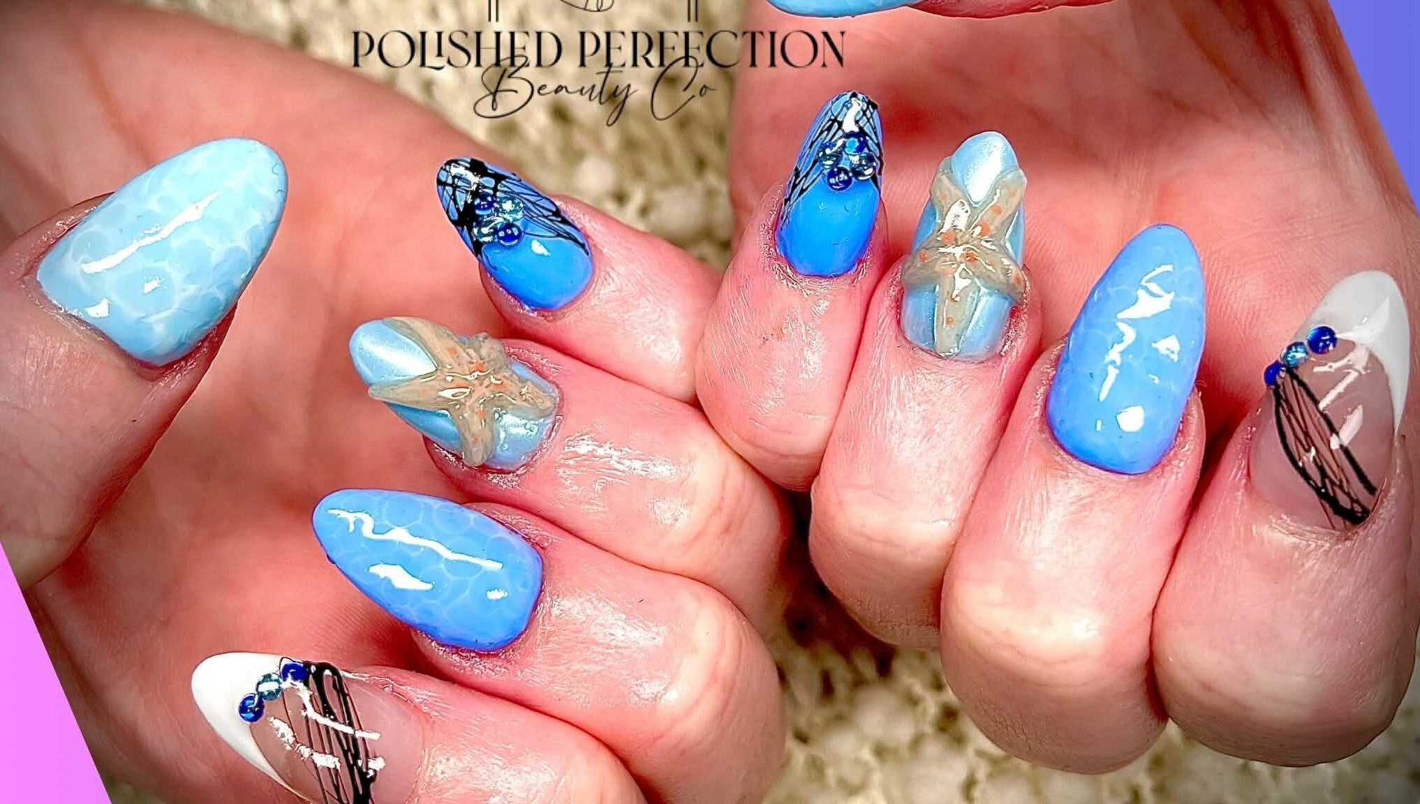 Nail art with blue and starfish theme at Polished Perfection Beauty Co., Werrington Downs, New South Wales, AU.