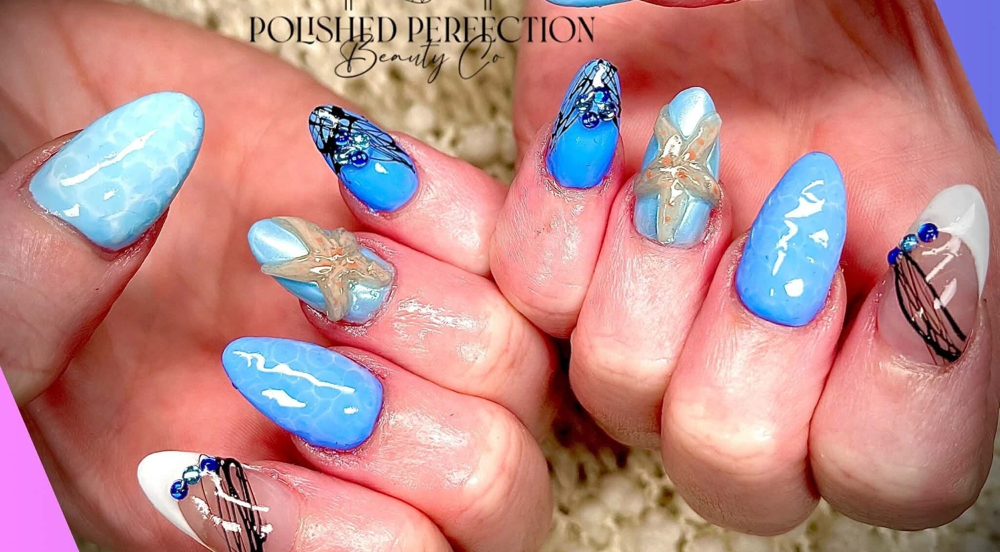 Nail art with blue and starfish theme at Polished Perfection Beauty Co., Werrington Downs, New South Wales, AU.