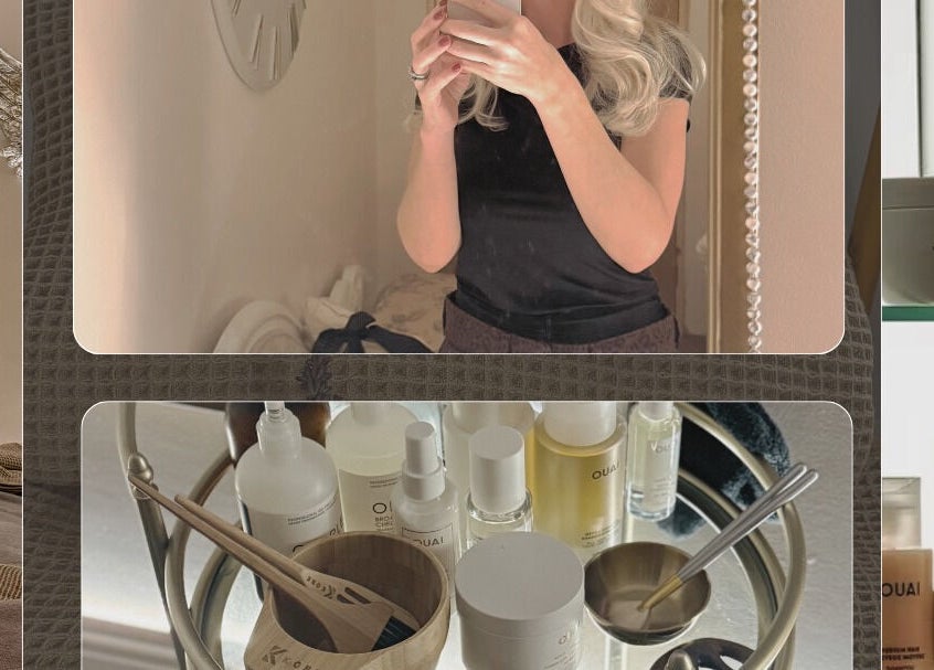 Body Tingle salon interior at Forncett End, England. Display of beauty products and reflection in mirror.