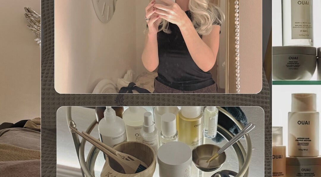 Body Tingle salon interior at Forncett End, England. Display of beauty products and reflection in mirror.