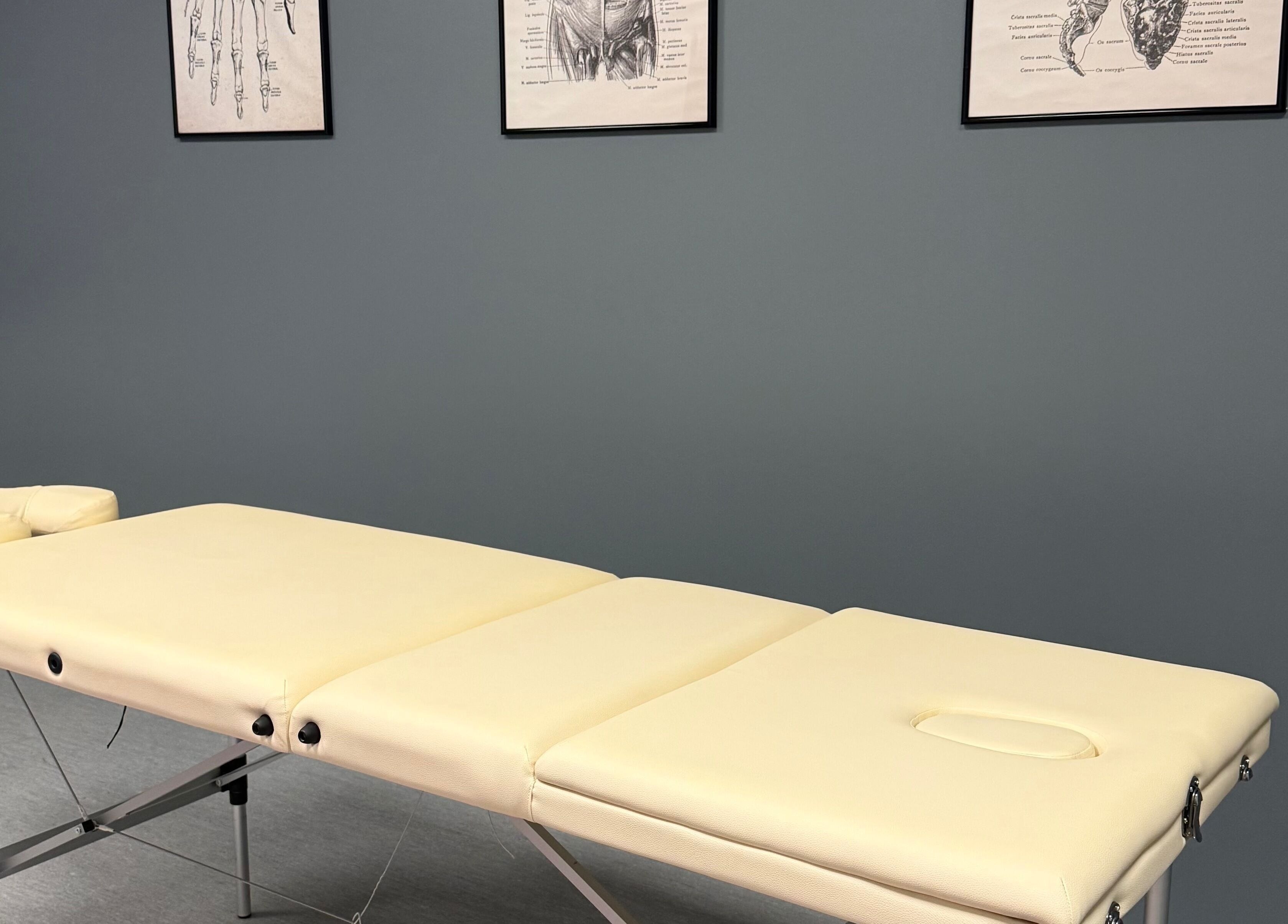 Massage table at Physio_tln, Tallinn, Harju maakond, EE with anatomical sketches on the wall.