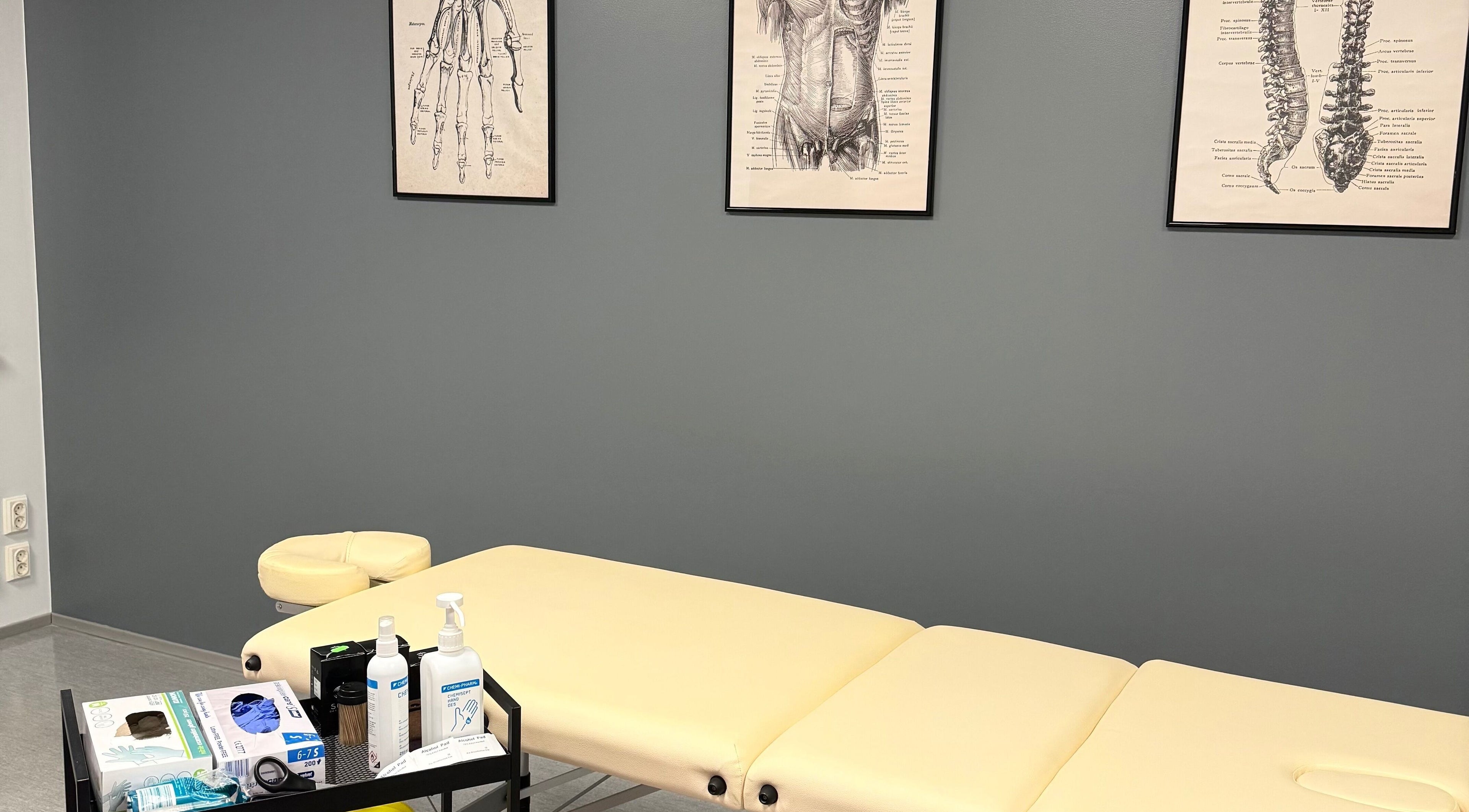 Cozy therapy room at Physio_tln, Tallinn, Harju maakond, EE with anatomical art and massage table.