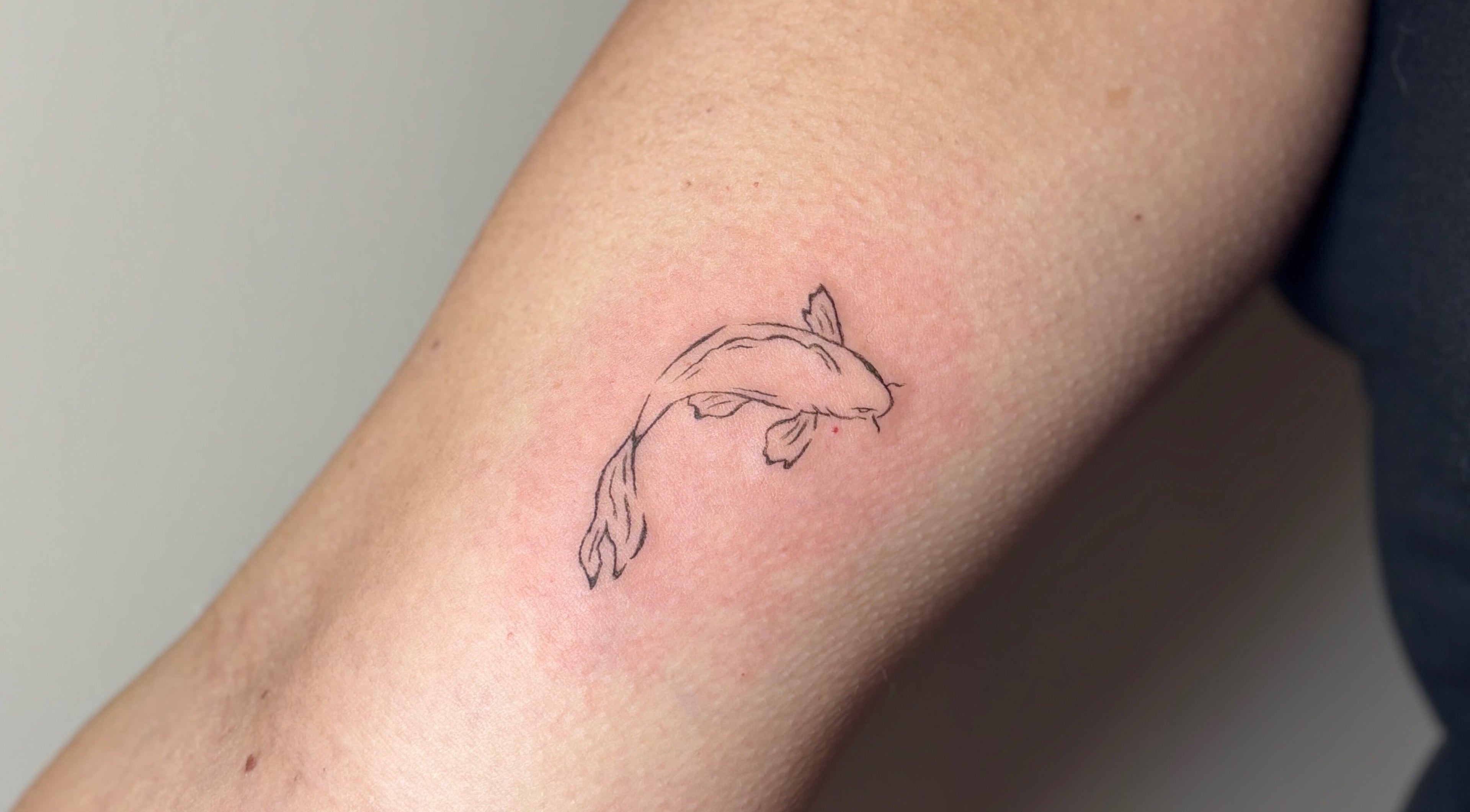 Delicate koi fish tattoo on forearm at Fine Little Things Studios, Bury St Edmund’s, England, GB.