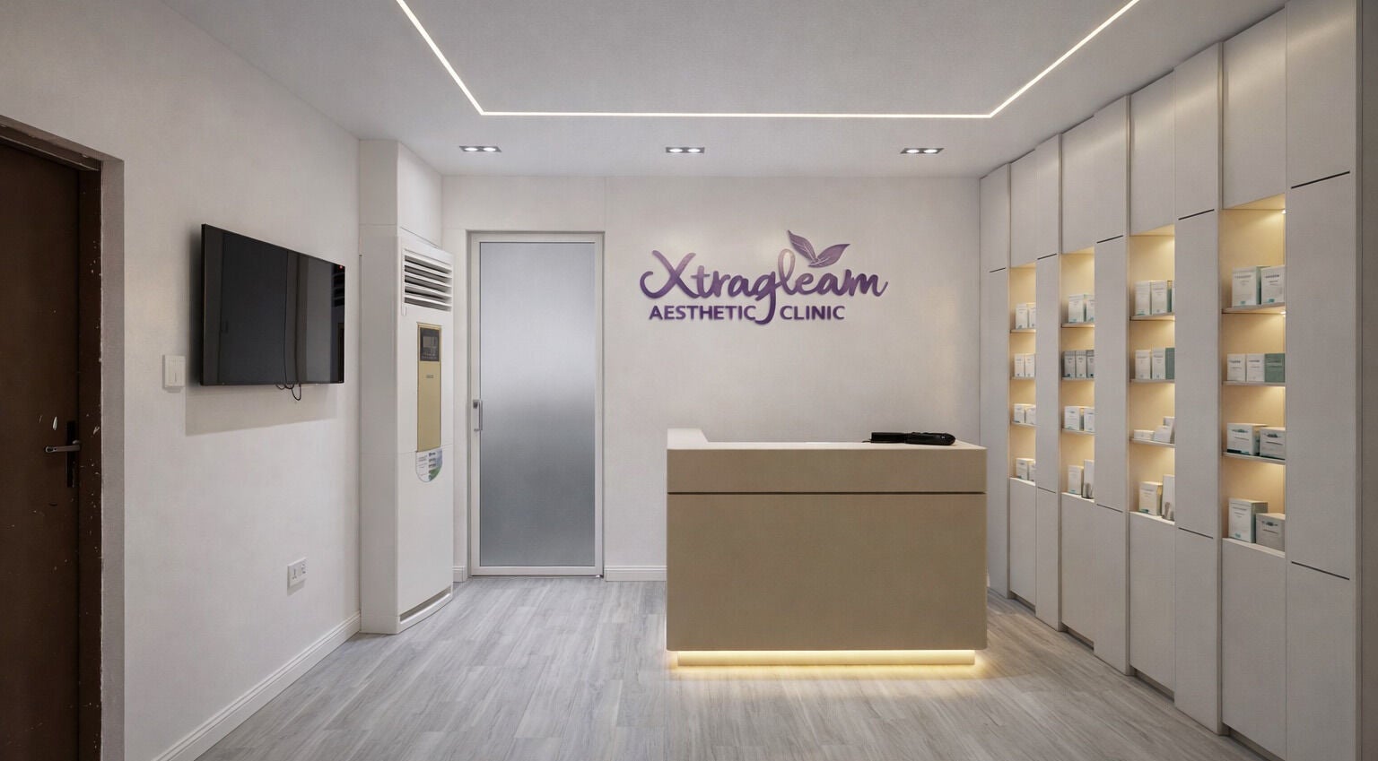 Modern reception at XTRAGLEAM AESTHETIC CLINIC (LAGOS), Agege, Lagos, NG with sleek design and elegant lighting.