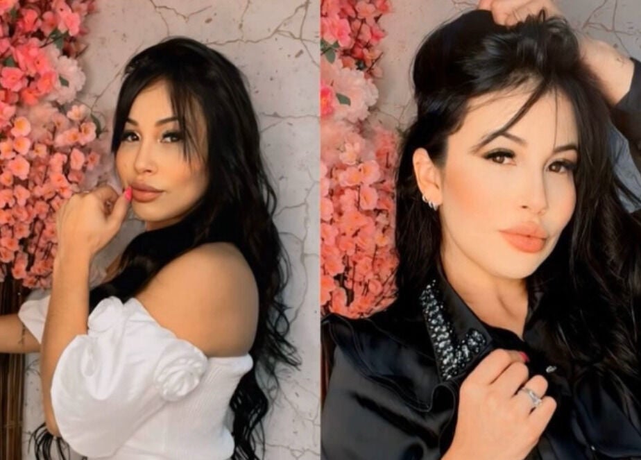 Woman poses near pink blossoms at Lash AG Alessandra Guimaraes, Torres Novas, Santarém, PT.