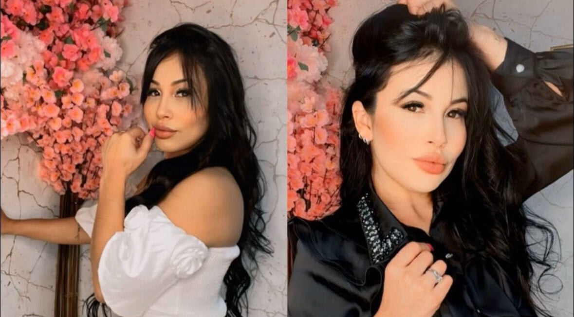 Woman poses near pink blossoms at Lash AG Alessandra Guimaraes, Torres Novas, Santarém, PT.