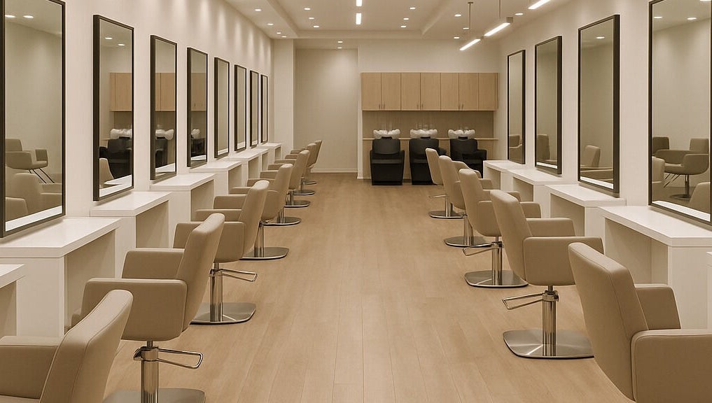 Interno moderno di Camilla Parrucchieri a Paderno Dugnano, Lombardia, con poltrone beige e specchi.