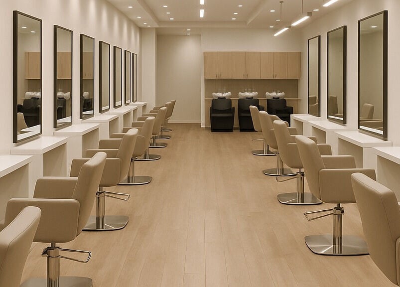 Interno moderno di Camilla Parrucchieri a Paderno Dugnano, Lombardia, con poltrone beige e specchi.