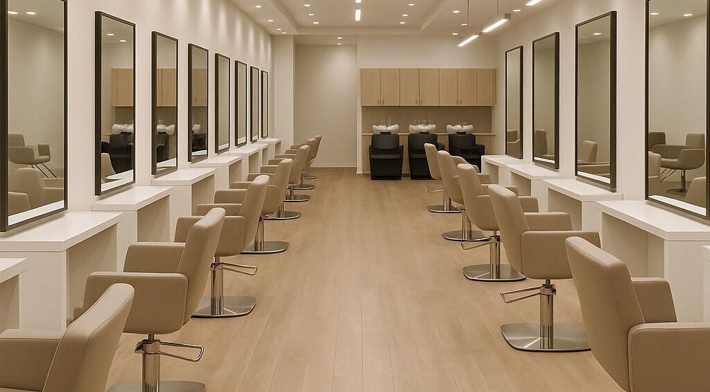 Interno moderno di Camilla Parrucchieri a Paderno Dugnano, Lombardia, con poltrone beige e specchi.